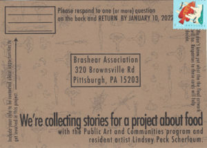 Postcard with project prompt: "We're collecting stories for a project about food".