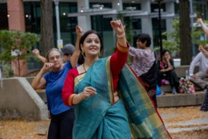 Shambhavi Desai leads an outdoors Indian Dance Workshop at Allegheny Landing.