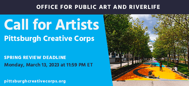 Pittsburgh Creative Corps Call for Artists featuring an image of artist Janel Young's street mural, Pathway to Joy, from the summer of 2021. There are people in the process of painting the street, using bright orange and blue colors.